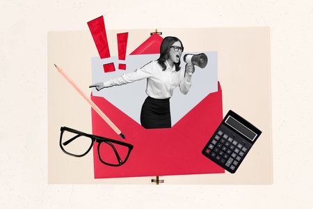Template poster banner collage of angry executive lady send letter to her employee scream deadline working with megaphoneの写真素材
