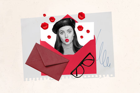 Creative idea photo collage young pretty girl send her picture portrait envelope mail with love...