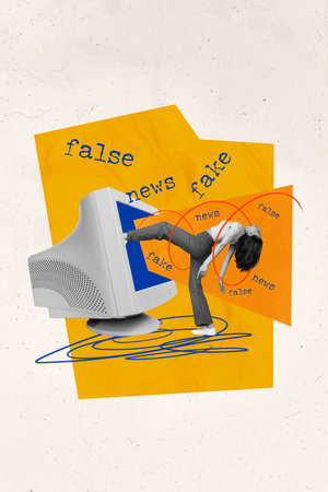 Vertical collage picture of mini black white gamma girl walk huge pc display false fake news isolated on painted backgroundの写真素材