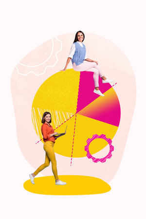 Magazine image template collage of two people colleagues working on financial success startup project make info chart with netbookの写真素材