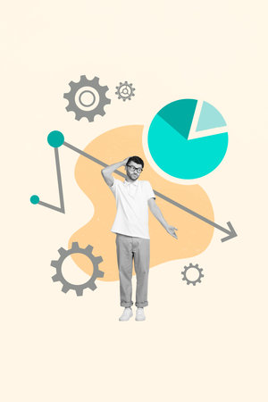 Vertical creative artwork collage photo of confused thoughtful man lost investing money analyzing risk isolated beige color backgroundの写真素材