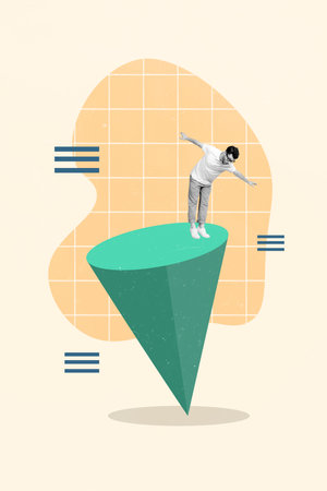 Abstract vertical creative collage photo of funny careless man standing on edge of cone looking down isolated beige color backgroundの写真素材