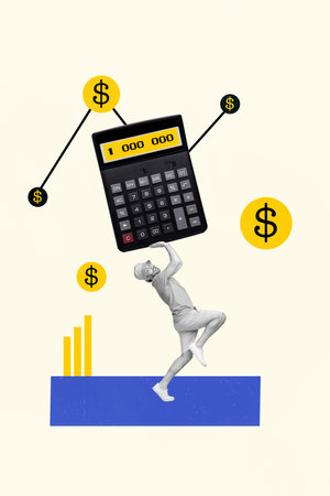 Vertical collage image of mini black white colors guy arms hold huge calculator count money isolated on creative backgroundの写真素材