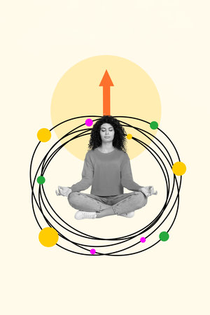 Vertical collage image of black white colors peaceful girl meditate growing arrow upwards head...