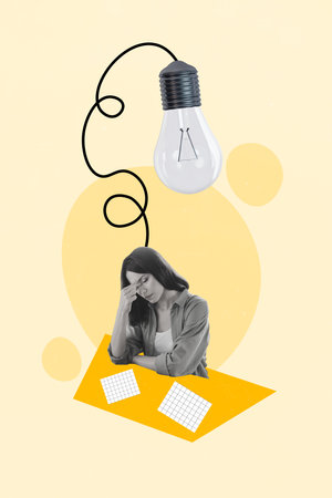Vertical artwork image picture collage of sad exhausted lady sit suffer pain no productivity efficiency isolated drawing backgroundの写真素材