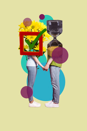 Vertical 3d collage artwork of weird unusual people no faces hold hands met on time enjoy date isolated on drawing backgroundの写真素材