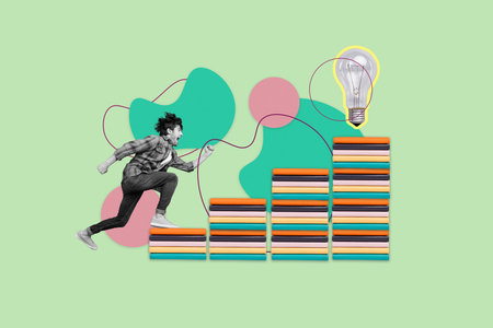 Collage portrait of mini black white effect guy run climb pile stack book huge light bulb isolated...