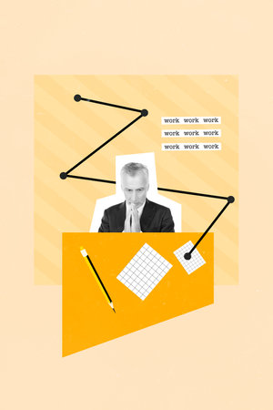 Vertical collage picture of minded black white gamma grandfather think contemplate workplace desk pencil paper list isolated on beige backgroundの写真素材