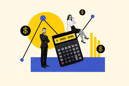 Artwork collage picture of two mini black white effect elegant people earn money huge calculator isolated on painted backgroundの写真素材