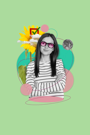 Vertical artwork collage image of black white gamma minded girl crossed arms contemplate clouds moon sunflower check mark iconの写真素材