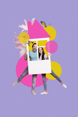 Vertical 3d collage artwork of positive cheerful people nice family hold miniature house showing buy flat isolated drawing backgroundの写真素材