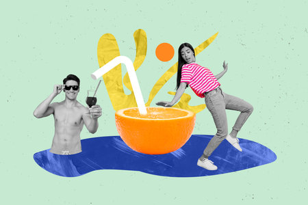 Photo collage relaxed male offer asian woman cheers share drink with him vacation all inclusive resort hotel picture backgroundの写真素材