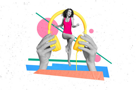 Surreal photo collage funny beautiful body girl dancing beach sea ocean summer trip traveler listen earphones wear pink swimsuitの写真素材