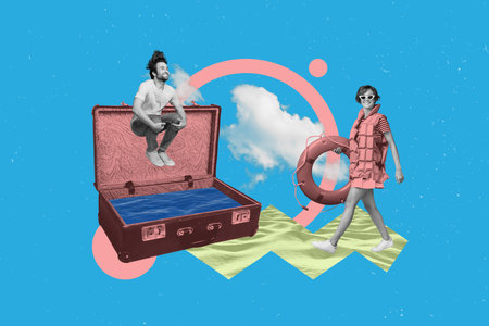 Poster banner collage of two people lady guy prepare for dream resort with open luggage summer stuff shopping sale conceptの写真素材
