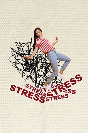 Collage 3d image of pinup pop retro sketch of amazed shocked young female avoid stress scared fear depression mental illness billboard zineの写真素材