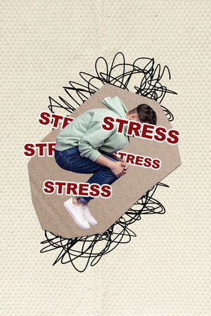 Creative poster collage of young depressed man lie floor hug knees bad mood mental illness stressed despair weird freak bizarre fantasyの写真素材