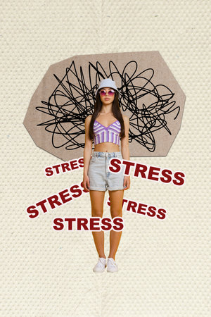 Creative drawing collage picture of beautiful upset stressed sad unhappy young female mess thoughts...