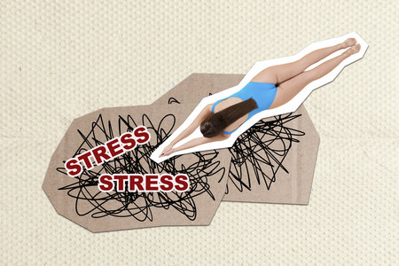 Collage 3d image of pinup pop retro sketch of swimming diving young female depressed stress emotions swimwear swimsuit exhausted overworkedの写真素材
