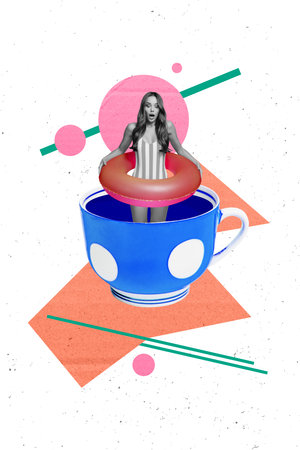 Poster banner template collage of shocked swimmer lady with inflatable ring surprise empty pool summer resort dreamの写真素材