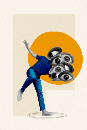 Collage spying concept design of headless person artwork absurd eyes crowd watching you anonymous isolated on beige color backgroundの写真素材