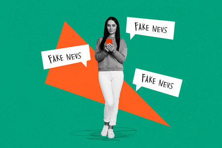 Billboard collage picture of young woman read using phone social media russian bots propaganda fake news isolated on green backgroundの写真素材