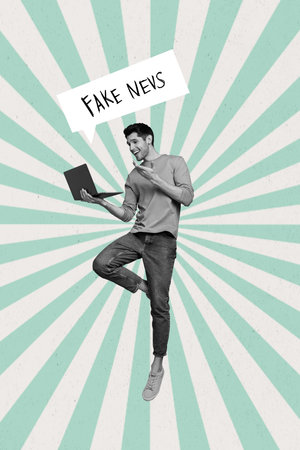 Picture collage photo of young positive speaking guy communicating with mass media sources fake news promo isolated on hypnosis backgroundの写真素材