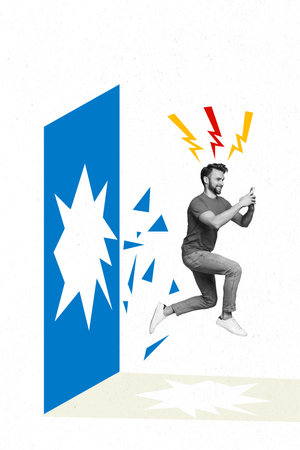 Vertical template collage of hypnotised funny man hold phone jumping broke wall use phone visual...