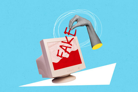 Photo cartoon comics sketch collage picture of arm getting fake news old gadget isolated blue color...