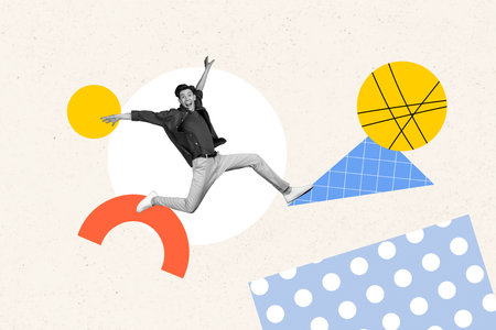 Creative abstract template graphics collage image of funny funky guy jumping having fun isolated colorful backgroundの写真素材