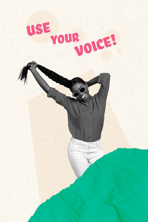 Composite poster collage of young cool girl wear sunglass smiling scream use your voice support freedom isolated on drawing backgroundの写真素材