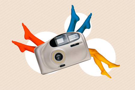 Creative collage of profession photographer hobby shooting new colorful legs cadre vintage camera...