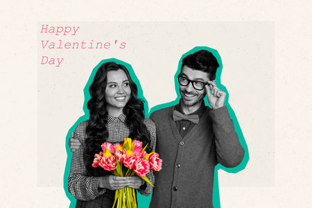 Design postcard valentine day collage of young couple wear classic clothes girlfriend receive bouquet tulips isolated on gray backgroundの写真素材