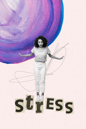 Photo collage artwork minimal picture of impressed shocked lady meeting stress isolated creative backgroundの写真素材