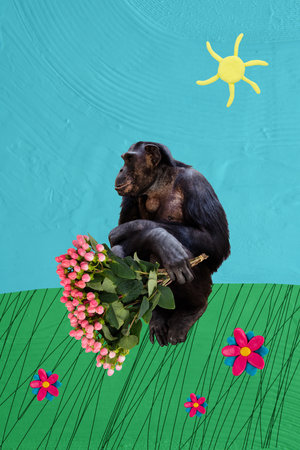 Creative magazine template collage of funny chimp with floral surprise bunch waiting on sunny summer day rural countryside dateの写真素材