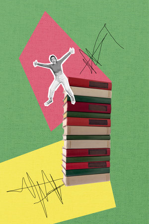 Vertical photo collage young funky crazy female jumping air big book pile stack overjoyed emotional...