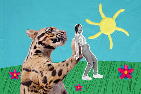 Creative artwork poster collage of funny young lady playing with her pet big cheetah outside summer sunny weather on meadow lawnの写真素材