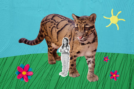 Creative advert poster collage of confident kid girl stand near huge cheetah feline advertise for opening zoo family recreationの写真素材