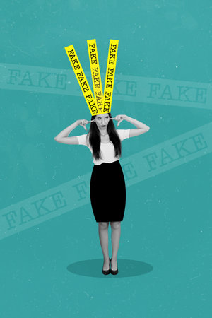 Vertical collage portrait of black white colors girl fingers close ears avoid fake influence head isolated on creative backgroundの写真素材