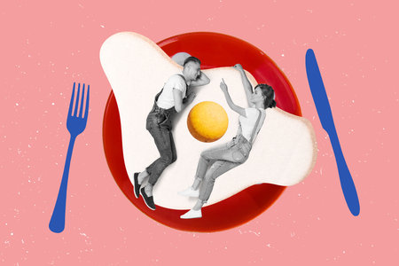 Collage picture of two mini black white effect people laying huge fried egg plate knife fork isolated on pink backgroundの写真素材