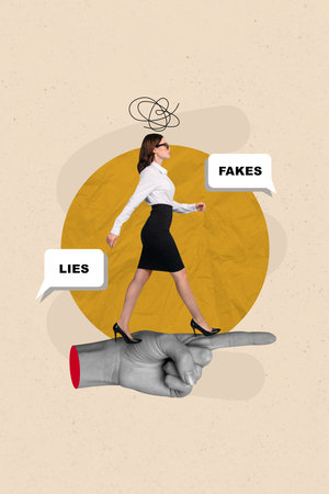 Collage artwork graphics picture of addicted lady leading by fake news isolated painting backgroundの写真素材