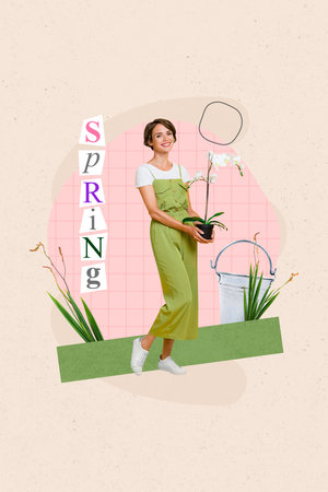 Creative retro magazine collage image of smiling cute lady gardening spring flowers isolated pasgtel colors backgroundの写真素材