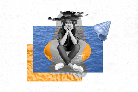 Designed illustration collage of young melancholy woman summer vacation lost tourist swimming...