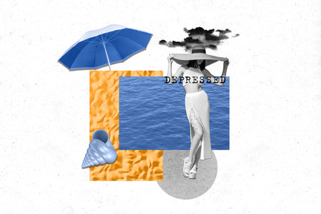 Photo sketch collage picture of depressed lady going vacation solving mental problems isolated creative backgroundの写真素材