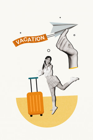 Full length cadre collage of young funky girl celebrate summer holidays vacation baggage airport terminal isolated on white backgroundの写真素材
