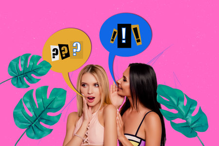 Creative photo collage of surprised funny women friends unexpected rumor secrets breaking news...