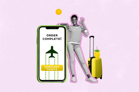 Artwork collage picture of happy smiling lady guy online ordering flight tickets isolated pastel pink color backgroundの写真素材