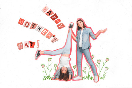 Young mommy hold small daughter child upside down game happy mother day conceptual collage illustration backgroundの写真素材