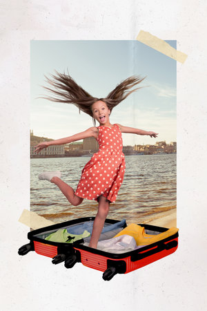 Vertical picture of little schoolgirl collage kyiv city hydropark island near river collect clothes suit bag isolated over town backgroundの写真素材