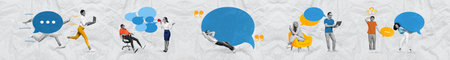 Panorama minimal collection template collage of young people communicating messages chatterbox announcement isolated on gray color backgroundの写真素材
