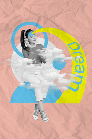 Vertical collage image of positive black white colors girl use smart phone clouds dream isolated on painted paper backgroundの写真素材